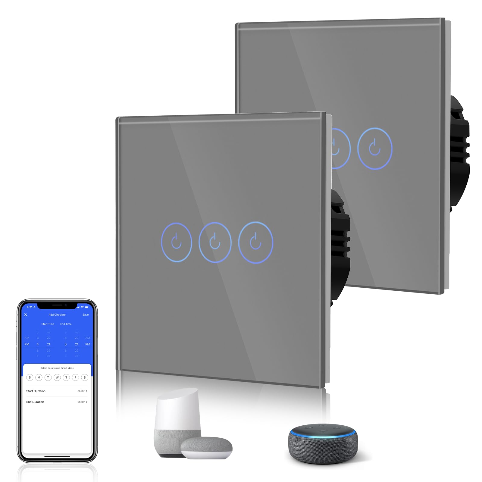 BSEED Smart Light Switch,Touch Switches for Lights,Glass Panel with Backlit,Works with Alexa & Google Assistant,Neutral Wire Required,3 Gang 2 Way(2 Pack),86mm Grey — image 1