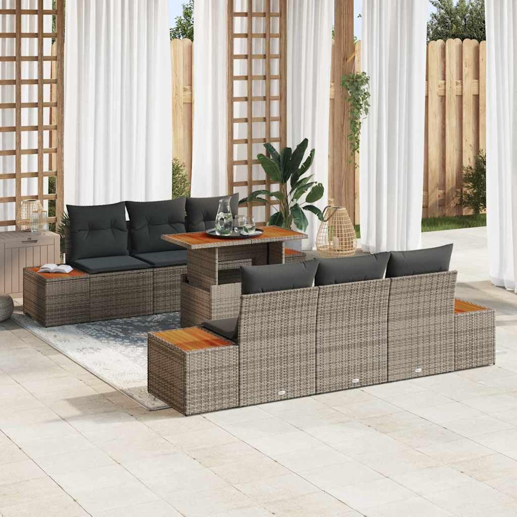 Garten Essgruppe 7 pcs Grau Braun mit Kissen, Poly-Rattan Gartentischset mit 4 Seitensofas, 2 Mittelsitzen, Stauraumfächern, verstellbaren Füßen für Terrasse und Balkon