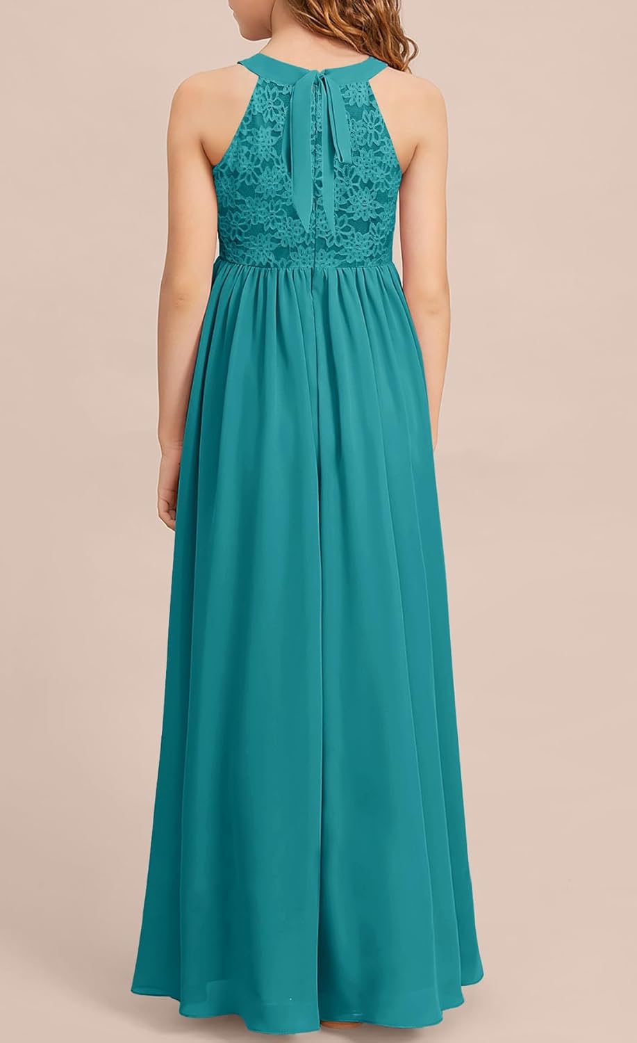 HOSIKA Girls Halter Neck Sleeveless Elegant Lace Chiffon A-line Long Flower Girl Dress for Wedding Party 6-12 Y - Image 4