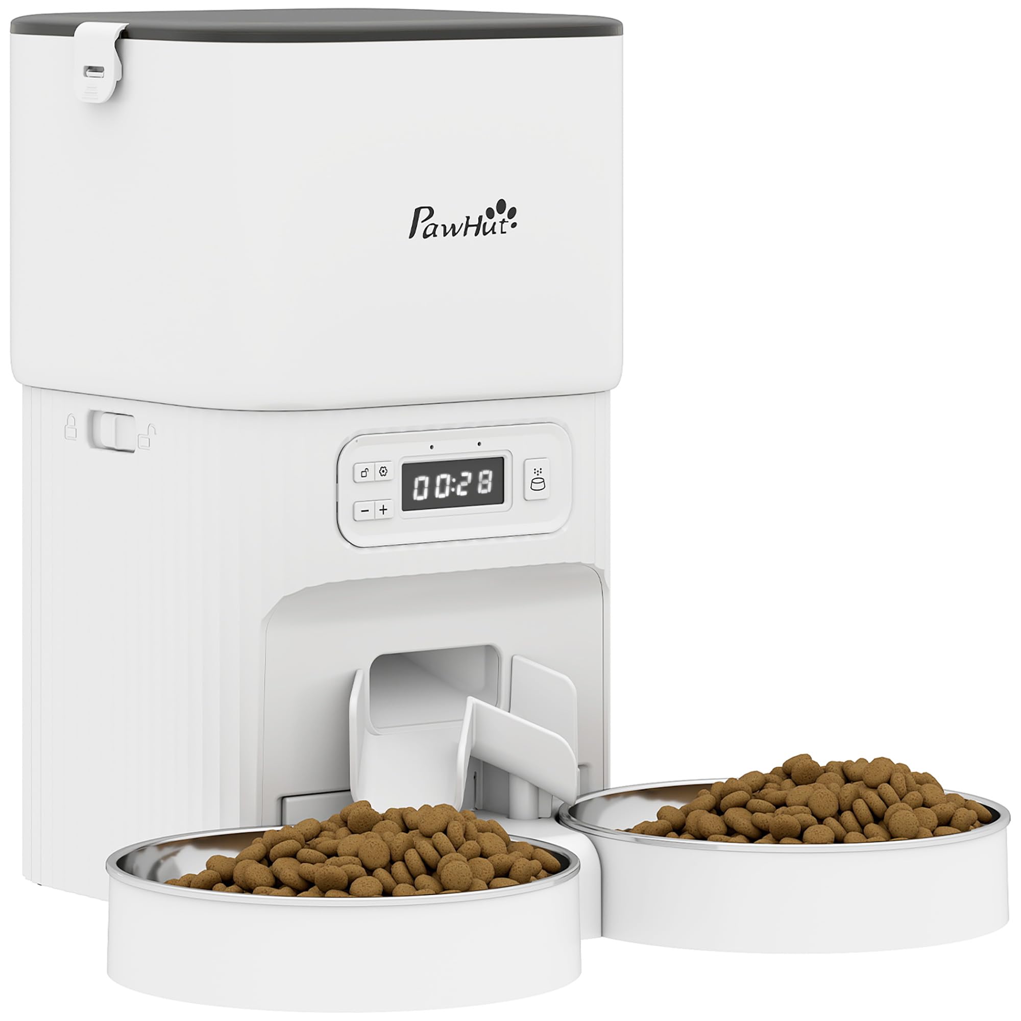 PawHut Mangiatoia automatica per gatti, 4 l, con 2 ciotole in acciaio inox, 1-6 pasti al giorno, design anti-intasamento, display LCD, mangiatoia per gatti e cani