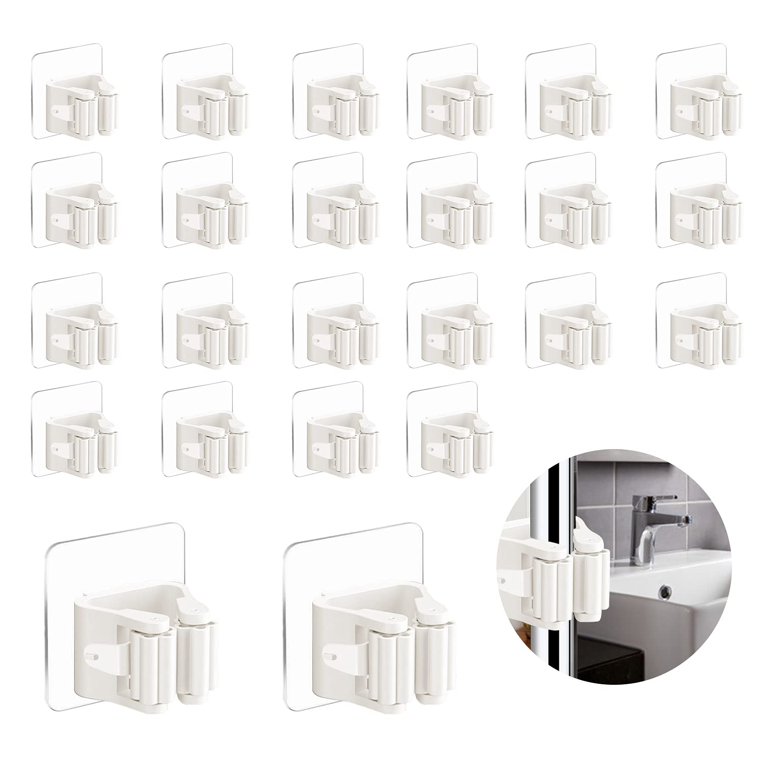 3-H Broom Mop Holder, Broom Gripper Holds Self Adhesive Reusable No Drilling Anti-Slip 24pc, Wall Mounted Storage Rack Storage & Organization for Home, Kitchen and Wardrobe -White(grey)