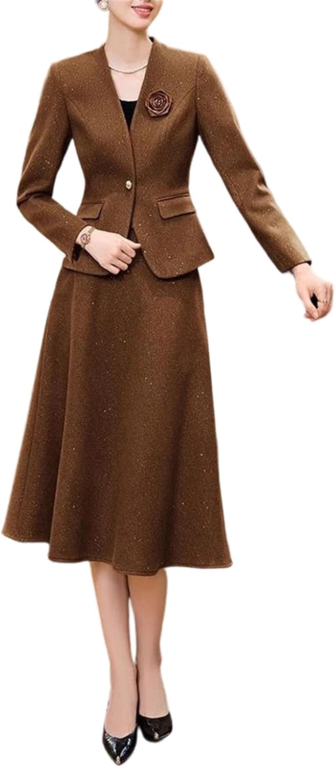 Women's V Neck Long Sleeve Single Button Coat and A Line Mid Calf Skirt Two Piece Set Professional Clothing