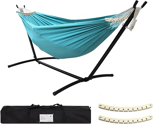 Miniatura 13 de SZHLUX Hamaca doble con soporte incluido, soporte de acero de capacidad de 450 libras, bolsa de transporte premium incluida y dos vigas de Café