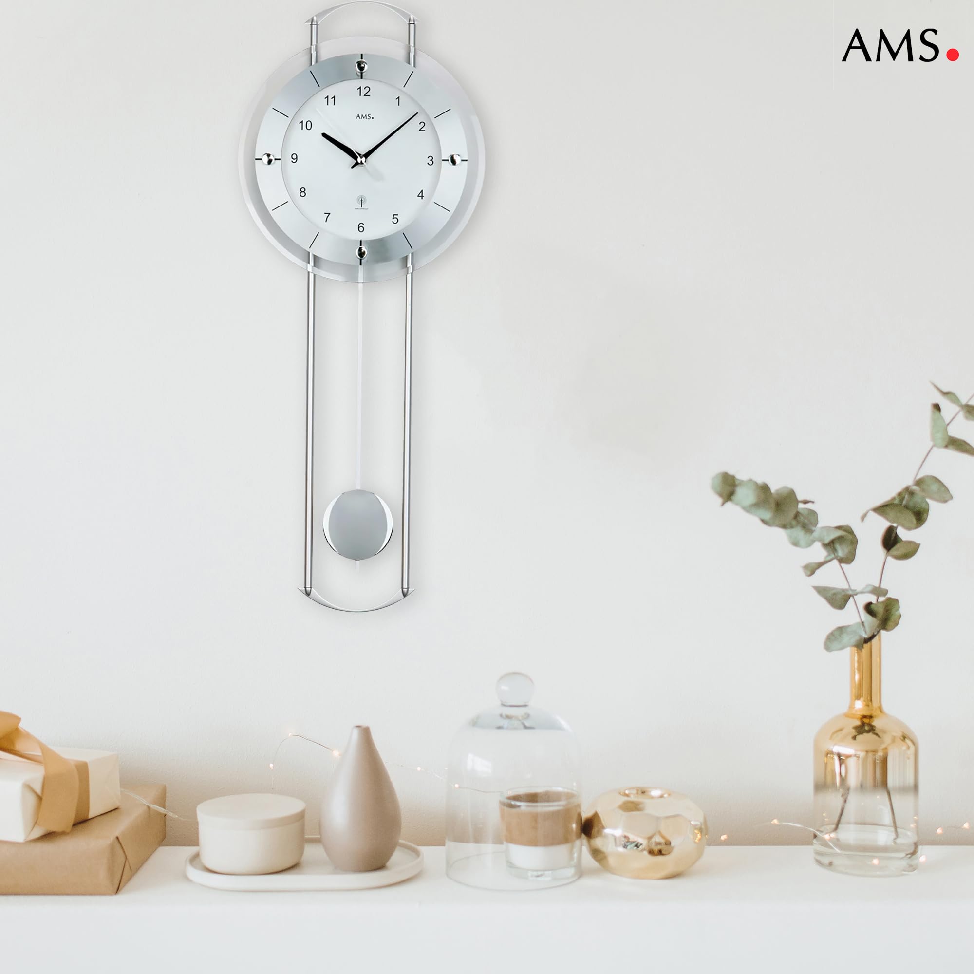 AMS Pendelwanduhr 5254, Funk, mit Silberlackierten Metallstäben, Aluminiumfrontreif und Mineralglas, Arabische Ziffern, 24 x 60 x 6 cm