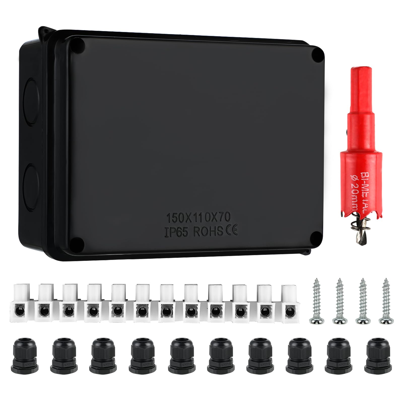 Scatola di Derivazione Impermeabile IP65-150x110x70 mm, con 10 pressacavi M20 con guarnizione, inclusa sega a tazza da 20 mm, adatta per cavi Ø6–12 mm（nero）