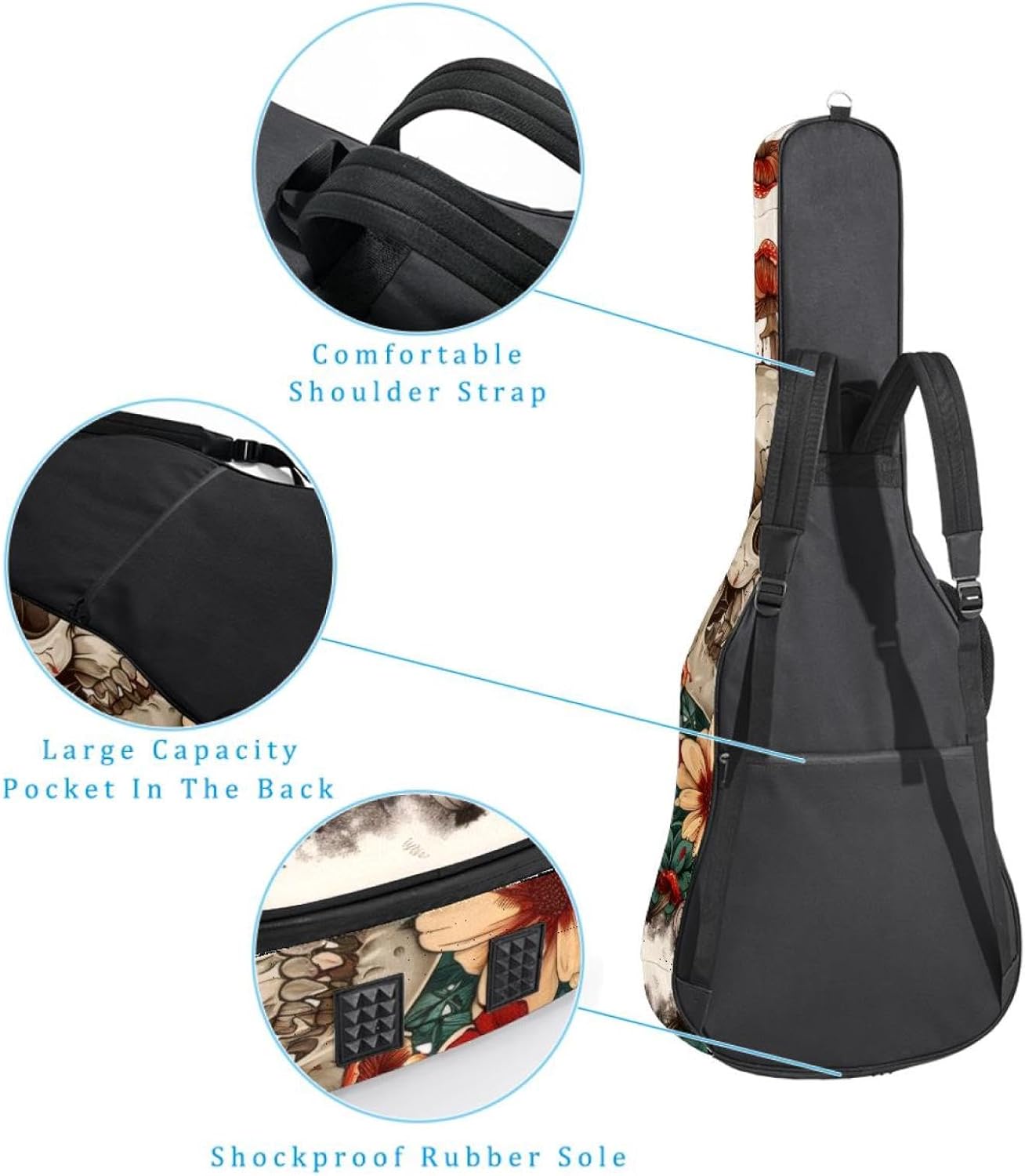 40 41 42 Inch Guitar Bags, Waterproof Padded Acoustic Guitar Case Backpack with Adjustable Shoulder Strap & Pockets, Aesthetic Skull with Cute Floral Mushroom