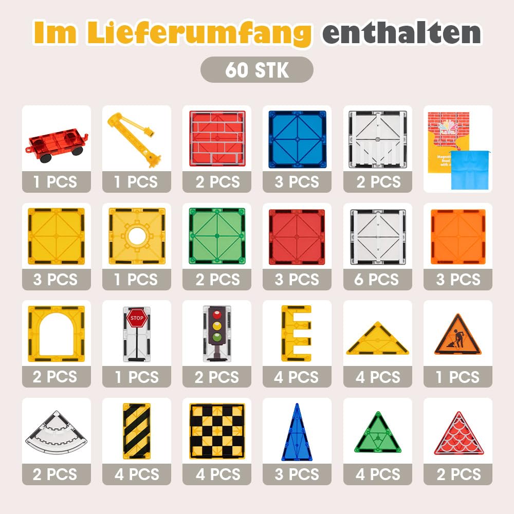 Playpals Magnetbausteine 60 Teile, Konstruktionsspielzeug, Kran Ausziehbar | Magnetische Bausteine Straße-Thema, Starke Magnetkraft, Kreatives Bauspielzeug, für Jungen Mädchen ab 3 Jahren, Mehrfarbig