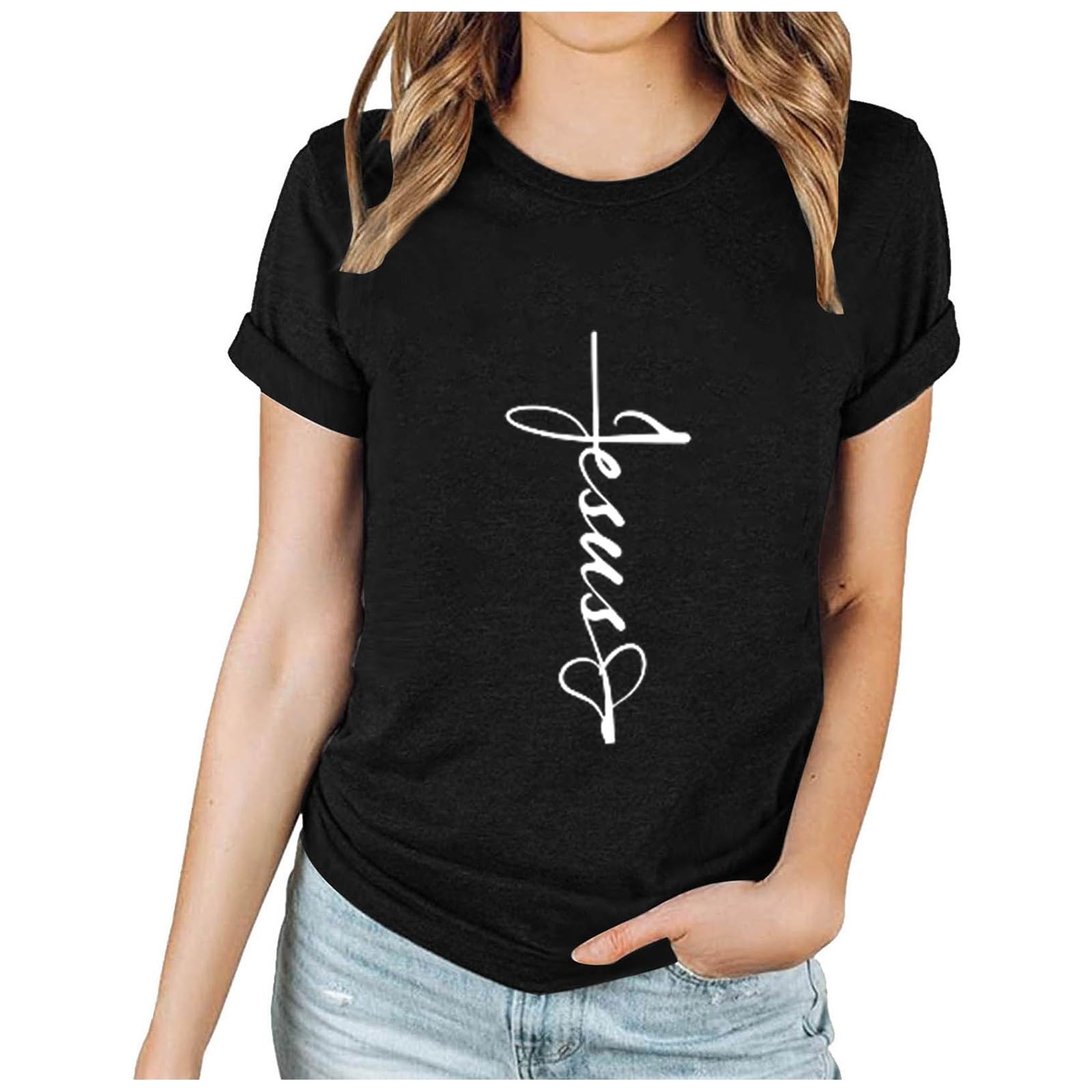 Mzkdieey Women Jesus Letter Printed T-Shirt Cross Faith Shirt Christian Inspirational Tops Casual Short Sleeve Blouse Tee