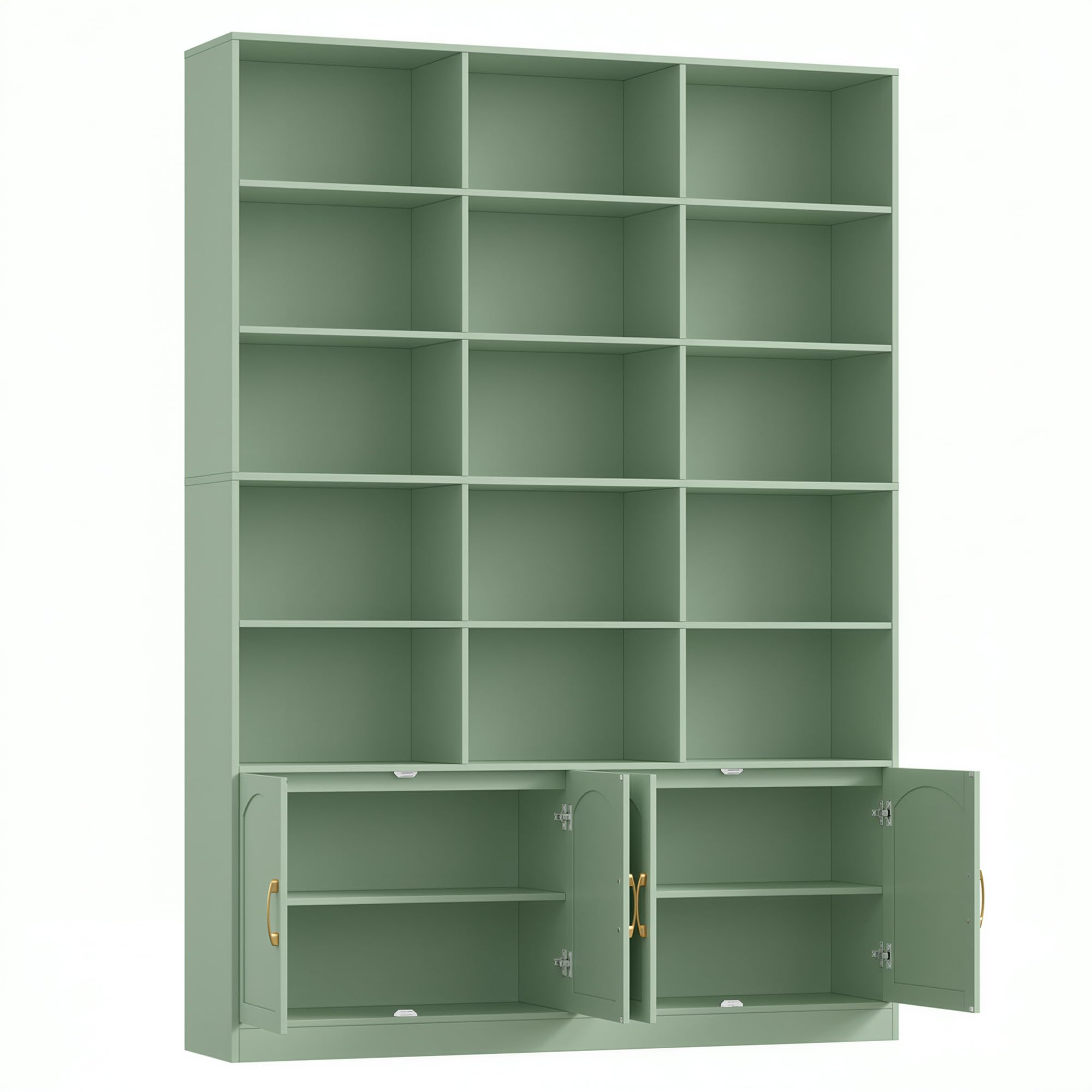 FirFurd Librería con Puertas, Estantería con Puertas, 3 Filas y 5 Niveles | Librería Salón, Vitrina Salón, Estantería Libros, Estanterias Almacenaje Madera, 4 Puertas, Verde, 150x23.7x209cm