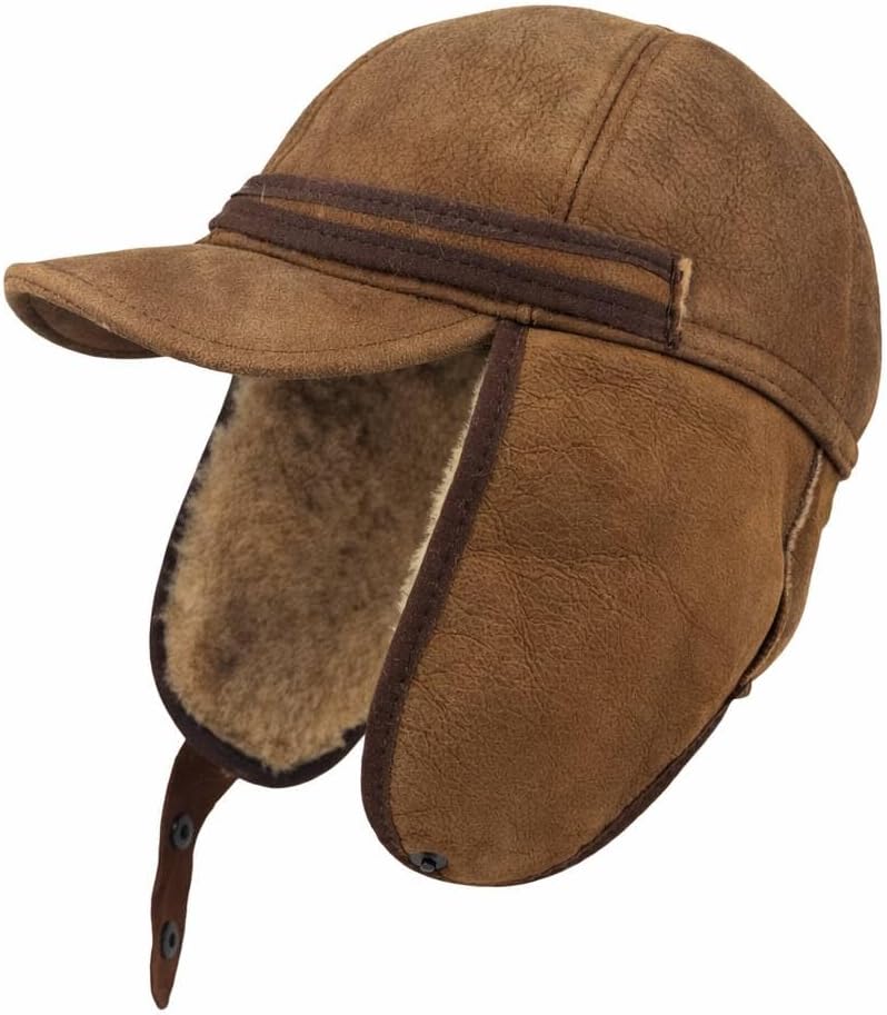 Men’s Shearling Leather Trapper Hat – Aviator Winter Cap with Genuine Sheepskin Ear Flaps | Cold Weather Hat | Ushanka