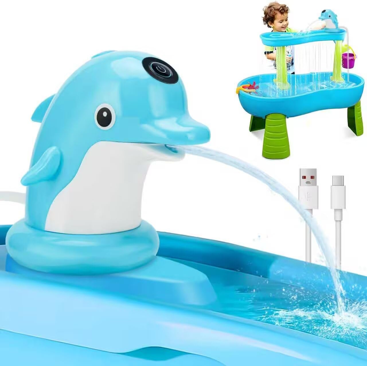Dolphin Water Table Pump Toy for Kids - Battery Powered, 3-Hour Non-Stop Play - Summer Water Fountain Play Table with Dolphin Design (Blue)