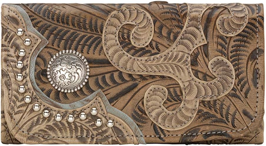 American West Hand Tooled Handcrafted 100% Genuine Leather Tri-Fold Wallet for Women Credit Card Slots Cash Pocket and Clear ID Holder Western (Sand)