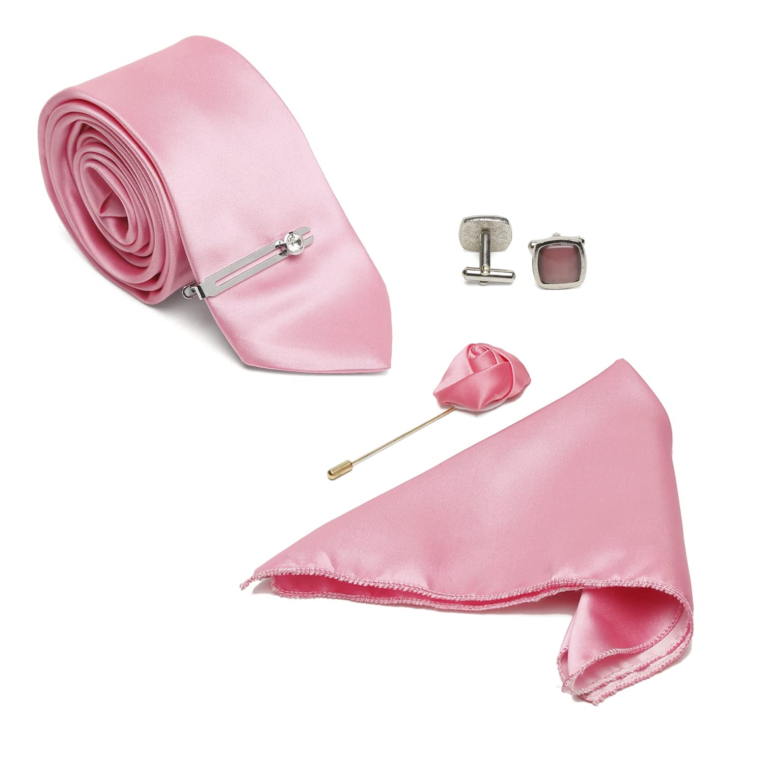 Mens Solid pink Luxury Italian Silk Necktie Set Brooch Chrome Tie Pin Cufflinks Pocket Square (Prague) (LS-TE-PL-PK01-CP)-image-23