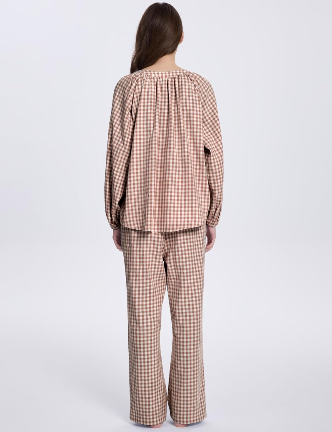 COZYPOIN Womens Gingham Pajama Set 2 Piece Cotton Plaid Button Down Puff Sleeve Shirt and Pants Lounge Set Cute Sleepwear - Image 4