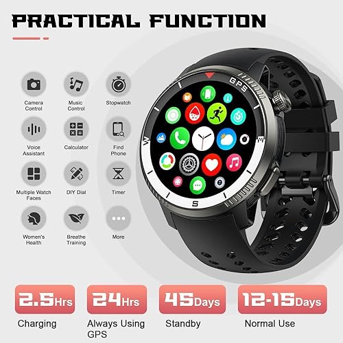 Miniatura 7 de Reloj inteligente militar (respuestahacer llamadas), reloj inteligente GPS para hombres y mujeres, pantalla AMOLED HD de 1.43 pulgadas, seguimiento