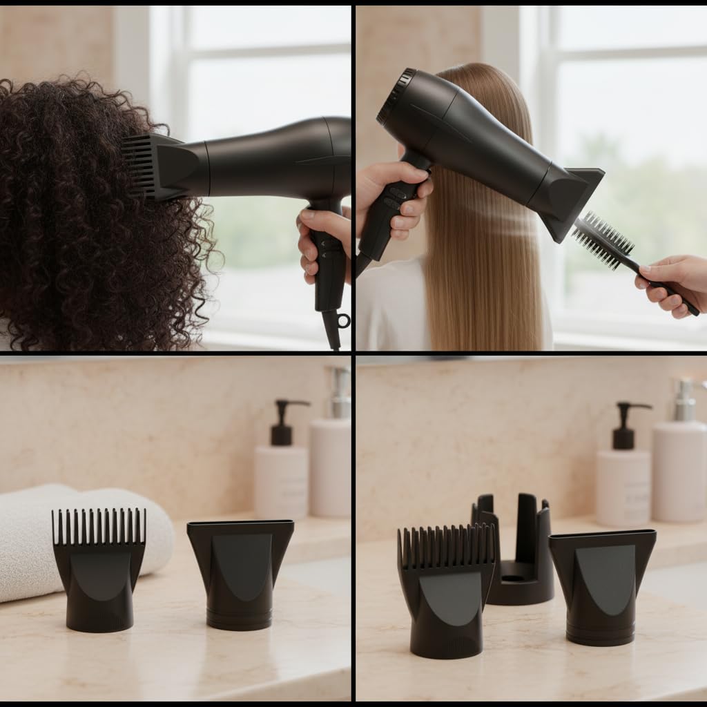 Universal Hair Dryer Nozzle 2 Pack - Concentrator Attachment & Comb Diffuser for Blow Dryer, Flat Nozzle & Styling Tool Fits Most Hair Dryers（outer diameters of 1.69-1.77in）