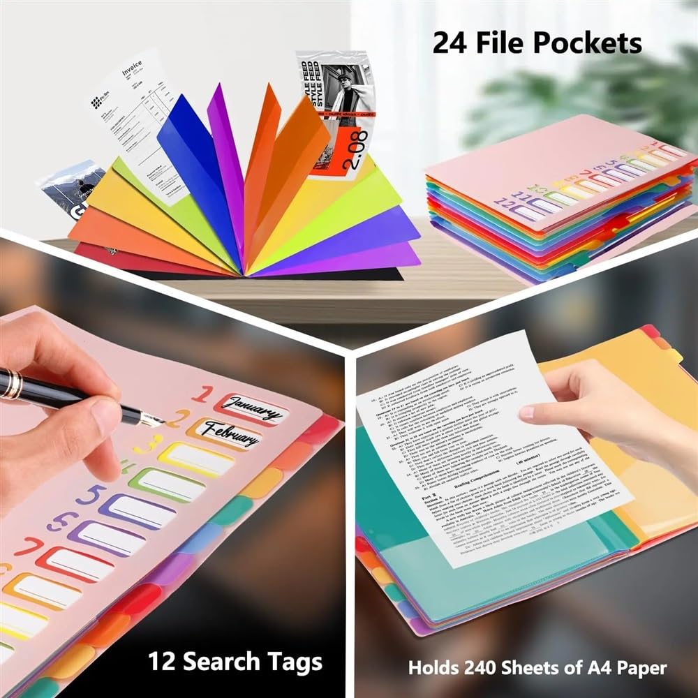 Organizzatore Formato A4 Lettera, Organizer for cartelle espandibili in plastica mensile Resistente con 12 Tasche espandibili per Ufficio(Pink)