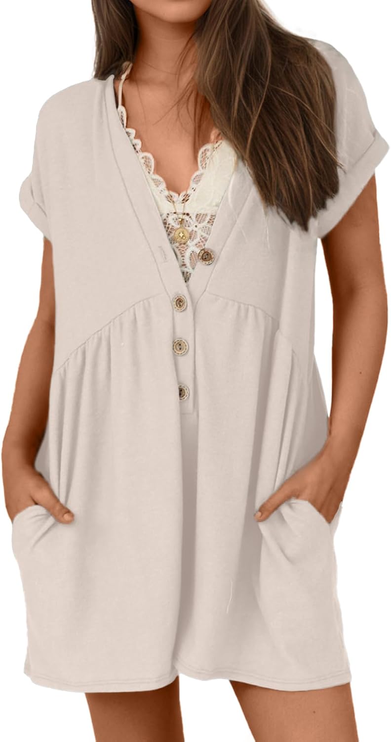 Glamaker Women's Summer Short Sleeve Romper Casual V Neck Wide Leg Short Jumpsuit Button Beach Rompers Outfit With Pockets