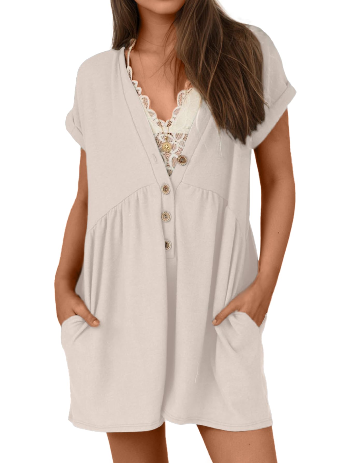 Women's Summer Short Sleeve Romper Casual V Neck Wide Leg Short Jumpsuit Button Beach Rompers Outfit With Pockets-image-23