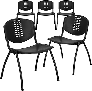 Flash Furniture 5 Pack HERCULES Series 880 lb. Capacity Black Plastic Stack Chair with Oval Cutout Back and Black Frame