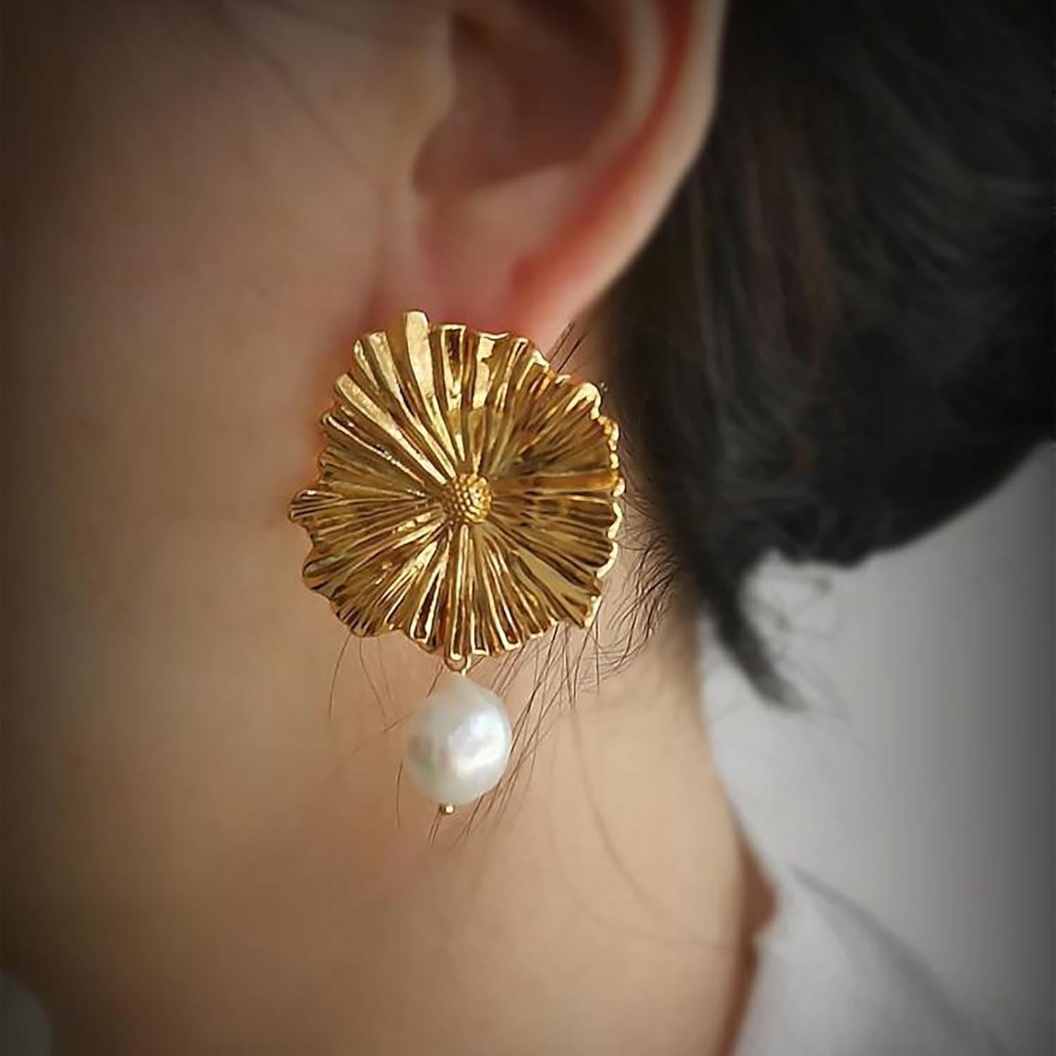 Vintage Flower Pearl Drop Earrings Gold Floral Pearl Earrings Daisy Flower Dangle Earring Hammered Floral Earring Wedding Pearls Dangle Jewelry for Women - Image 5