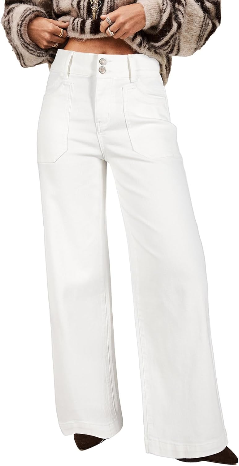 Astylish Women's High Waisted Wide Leg Jeans Stretch Denim Pants Double Button Trousers with Patch Pockets