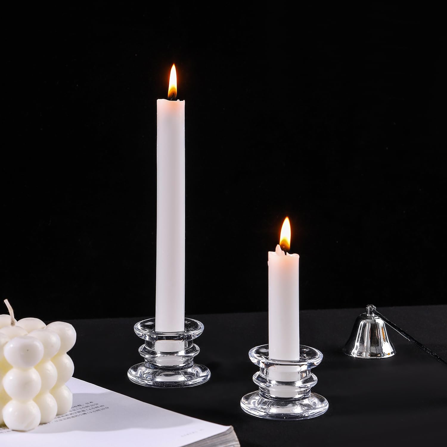 Glass Candle Sticks Holder Decor Clear Short Small Candlestick Holders Modern for Table Centerpiece Wedding Christmas Dinner Party (WZ-1-Clear-24pcs)
