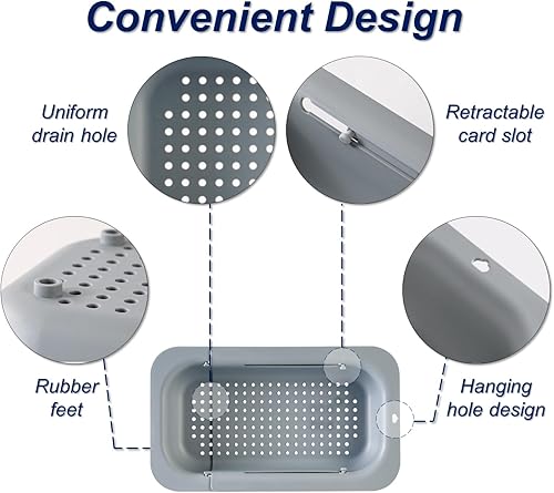 Miniatura 6 de Colador extensible para fregadero  Lavar verduras y frutas, escurrir pasta cocida y platos secos  Colador plegable ajustable sobre el fregadero  Gris