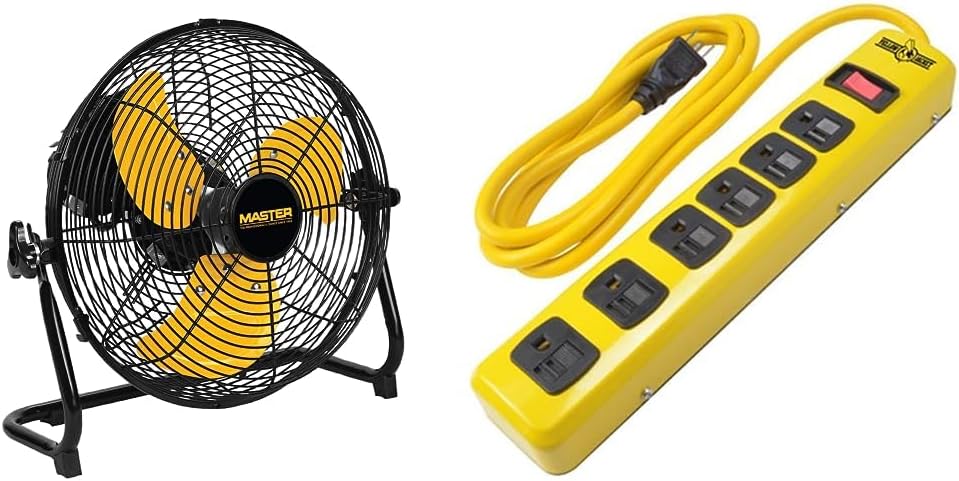 Master 12 Inch Industrial High Velocity Floor Fan (MAC-12F) and Yellow Jacket 14/3 6-Outlet Heavy Duty Metal Workshop Power Strip