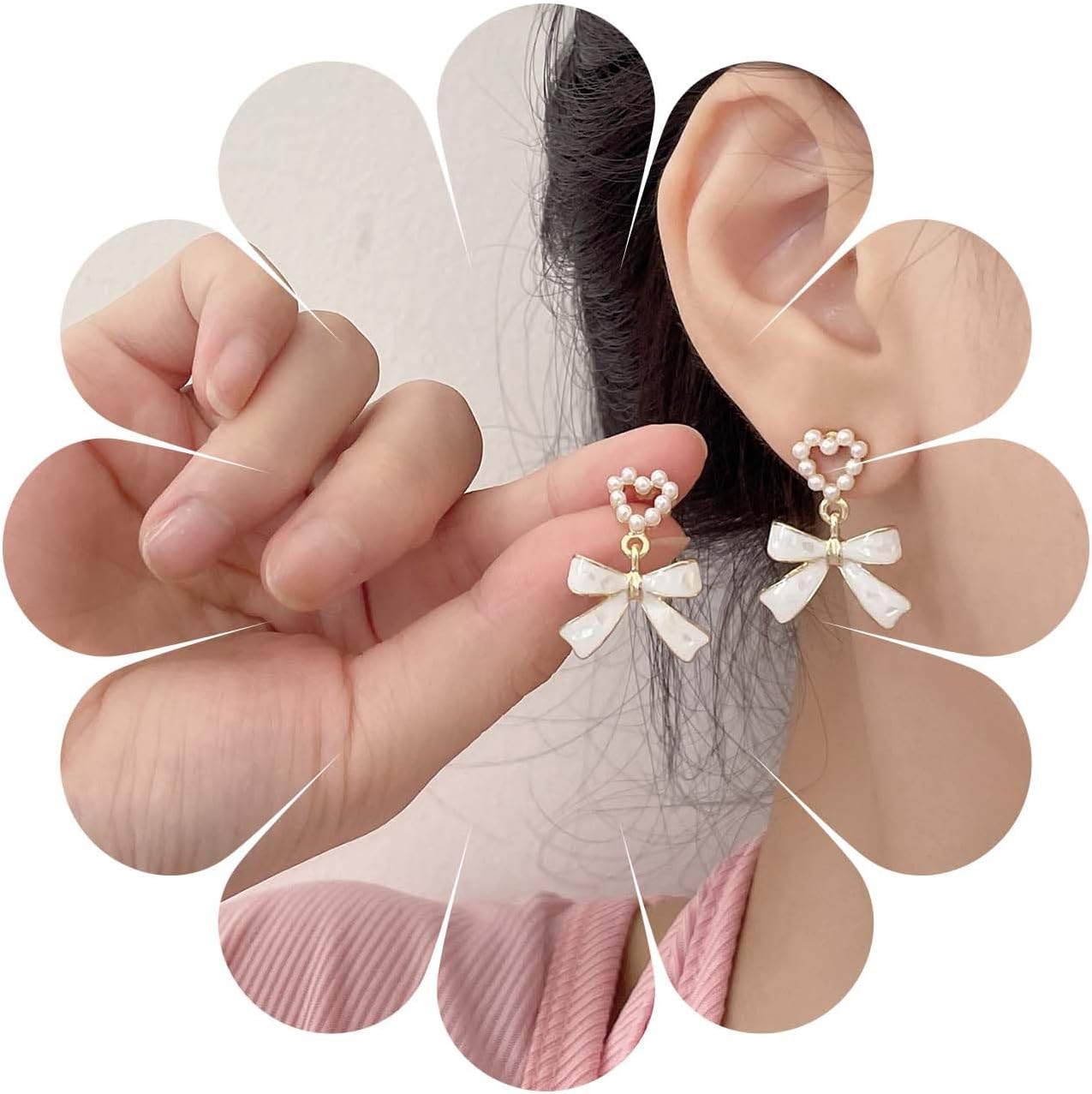 Vintage Enamel Bow Dangle Earrings Pearl Heart Stud Earrings Bowknot Drop Earrings Heart Pearl Earrings Jewelry for Women