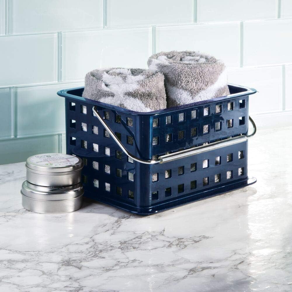 mDesign Stackable Plastic Storage Basket Bin with Handle for Organizing Hand Soaps, Body Wash, Shampoos, Lotion, Conditioners, Hand Towels, Hair Accessories, Body Spray, Mouthwash - Small - Navy Blue