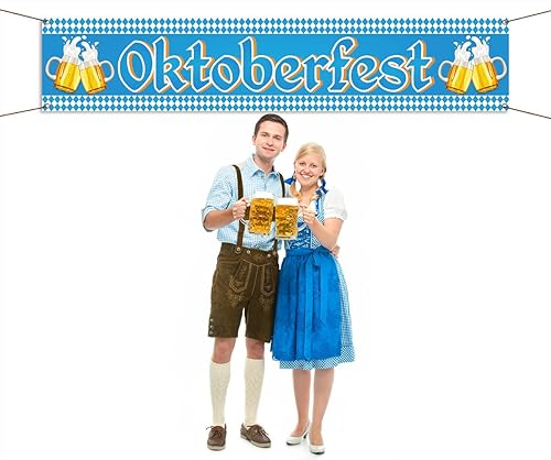Miniatura 3 de Nepnuser Cartel de valla de Oktoberfest para decoración de fiesta temática de octubre alemán, bandera bávara azul, pancartas colgantes para