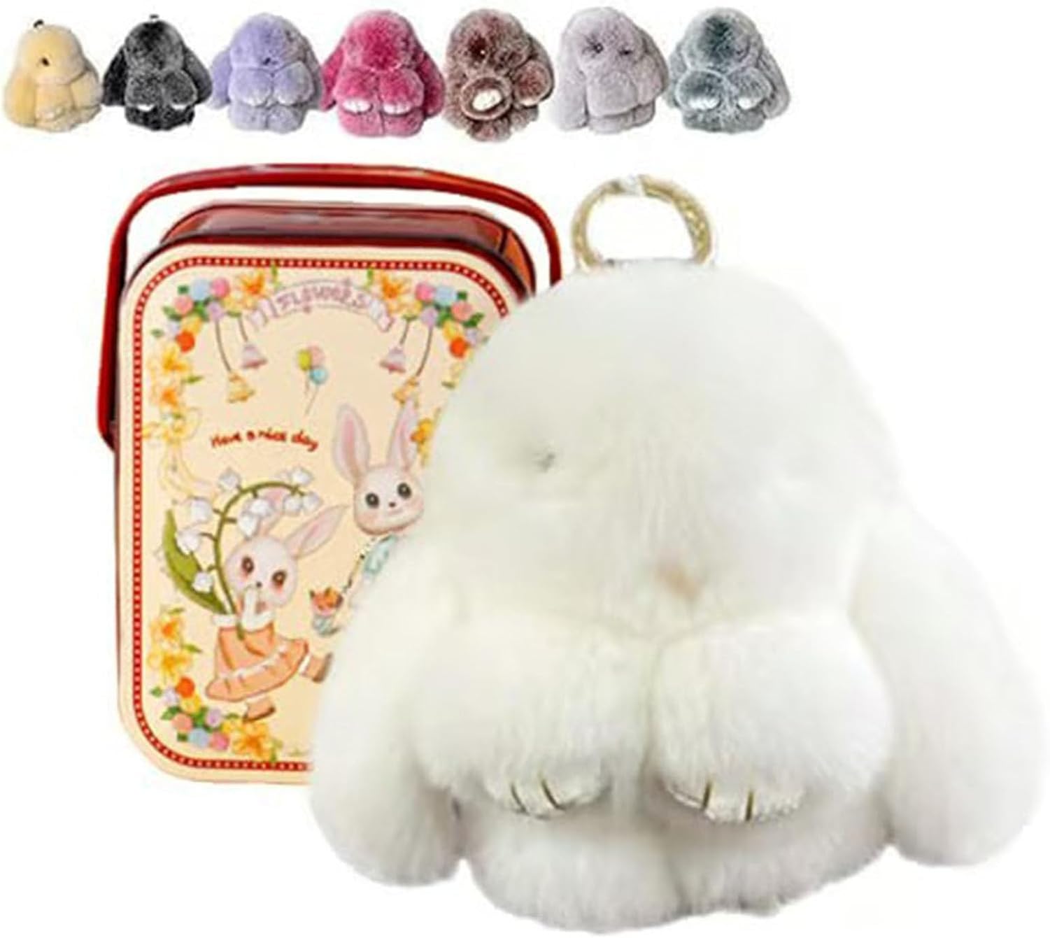KGAIXN Cute Bunny Plush Keychain in a Gift Tin, Soft Fluffy Rabbit Keyring Pendant Charm Kawaii Furry Bunny Keychain for Handbag Backpack Women Girls Easter Birthday C, #E