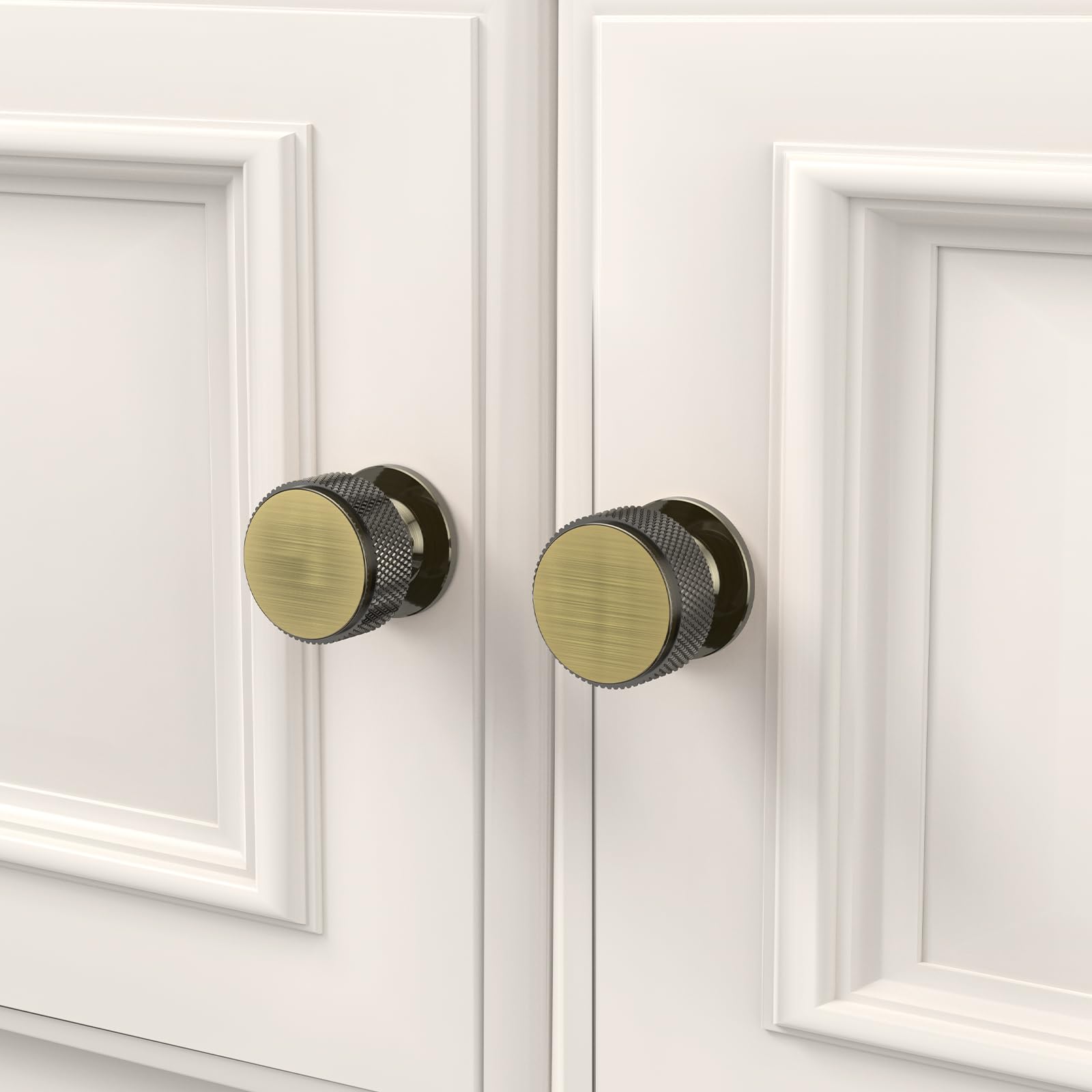 FURNIWARE Pack of 5 Knurled Cabinet Knobs, Shiny Antique Brass Cabinet Knobs, Solid Cupboard Handles with 2 Sizes Screws - Image 3