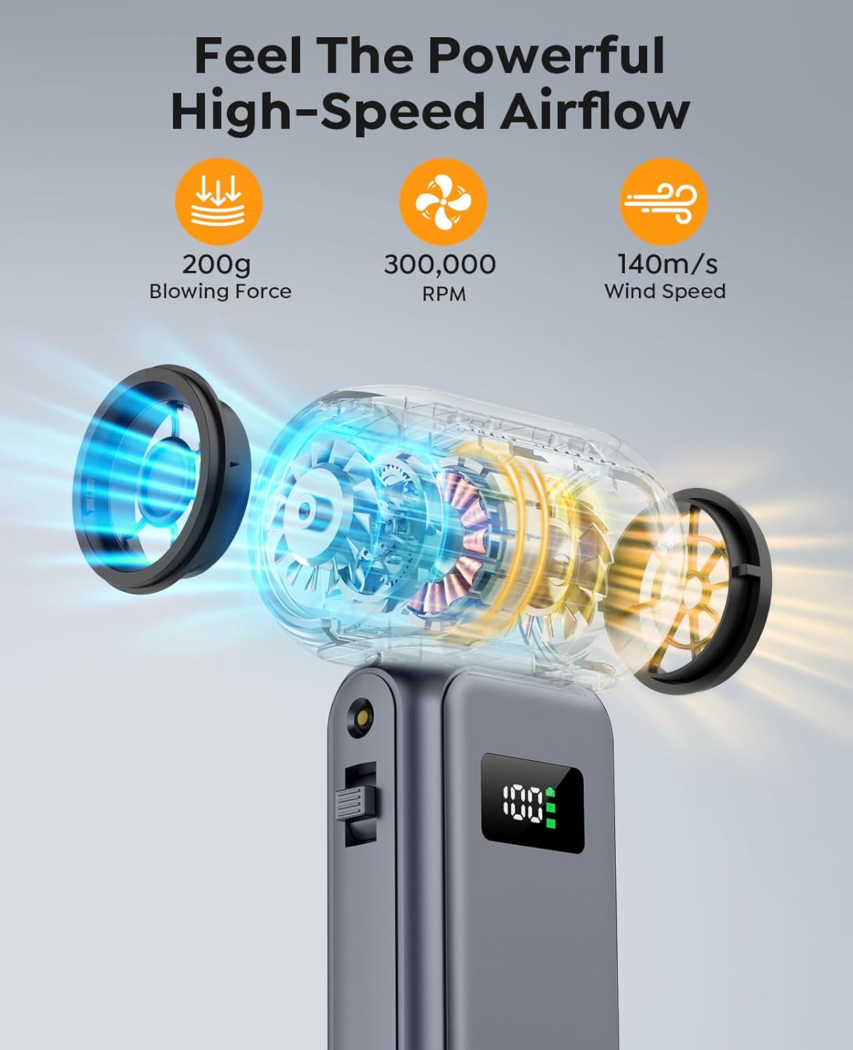 Compressed Air Duster, 300000RPM Super Power Electric Air Duster, 0-100 Adjustable Speed with LED Light, Powerful Electric Duster for Car Cleaning, Electronics & Outdoor Gear, Portable Turbo Blower - Image 2