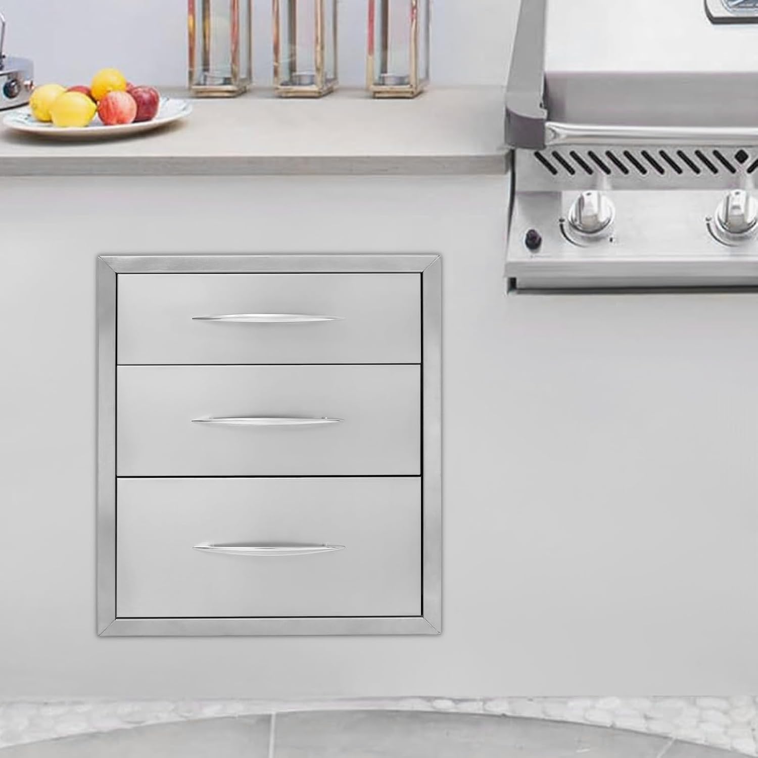 Outdoor Kitchen Drawers, 18" W x 20.5" H x 23" D Stainless Steel BBQ Drawer, Flush Mount Triple Access BBQ Drawers with Handle for Outdoor Kitchen Island, Patio Grill Station