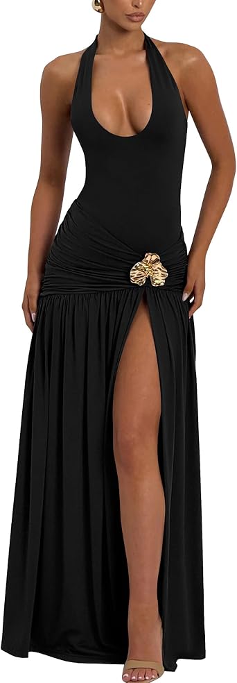 YMDUCH Womens Sexy Halter V Neck Sleeveless Ruched High Split Long Formal Cocktail Party Dress
