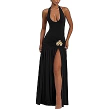 YMDUCH Womens Sexy Halter V Neck Sleeveless Ruched High Split Long Formal Cocktail Party Dress