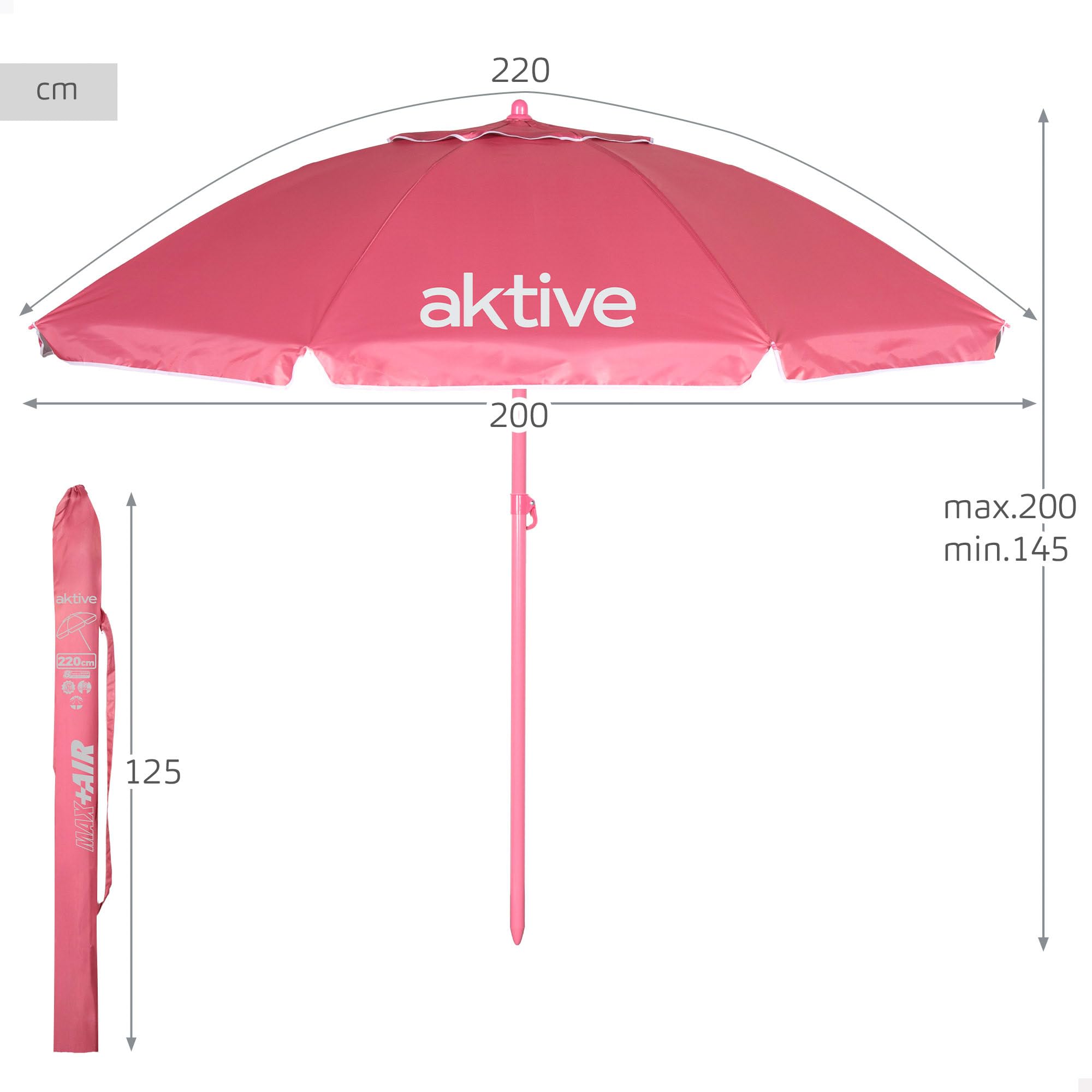 AKTIVE Beach 62484 Strandschirm, neigbar, D220 cm, Rosa, mit UV50-Schutz, 8 Rippen, Oxford-Material, belüftet, für den Außenbereich