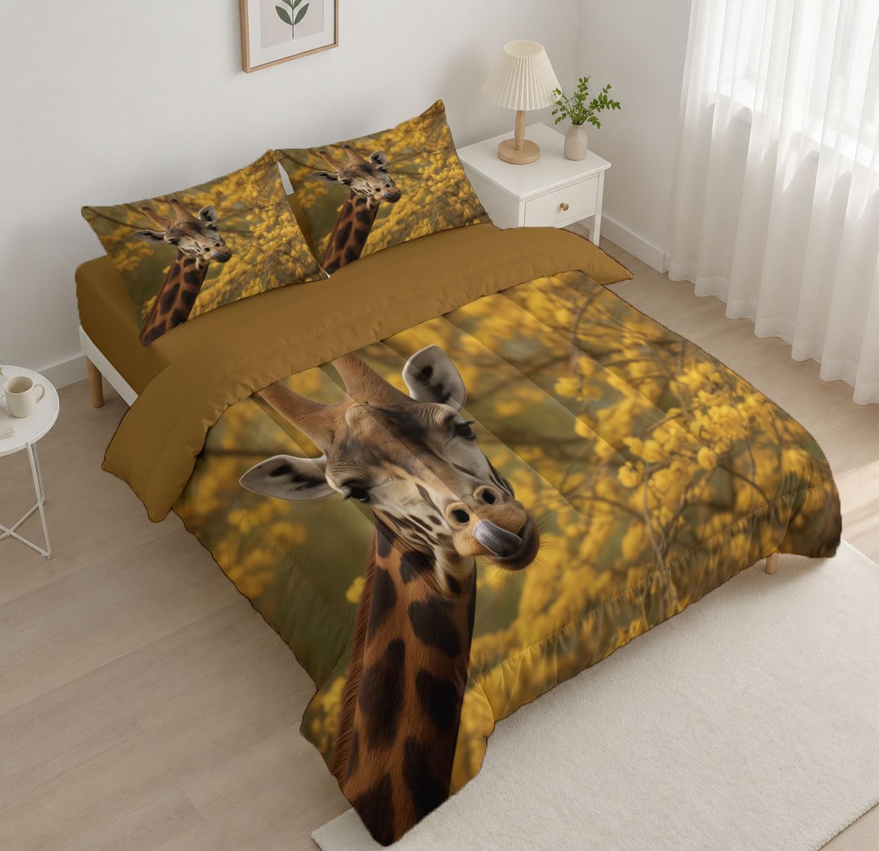 Natural Animals Comforter Set King Size, Giraffe Bedding Set for Girls Boys, Yellow Quilt Bed 104"X90" Bedding Comforter Sets with 2 Pillowcase Room Decor