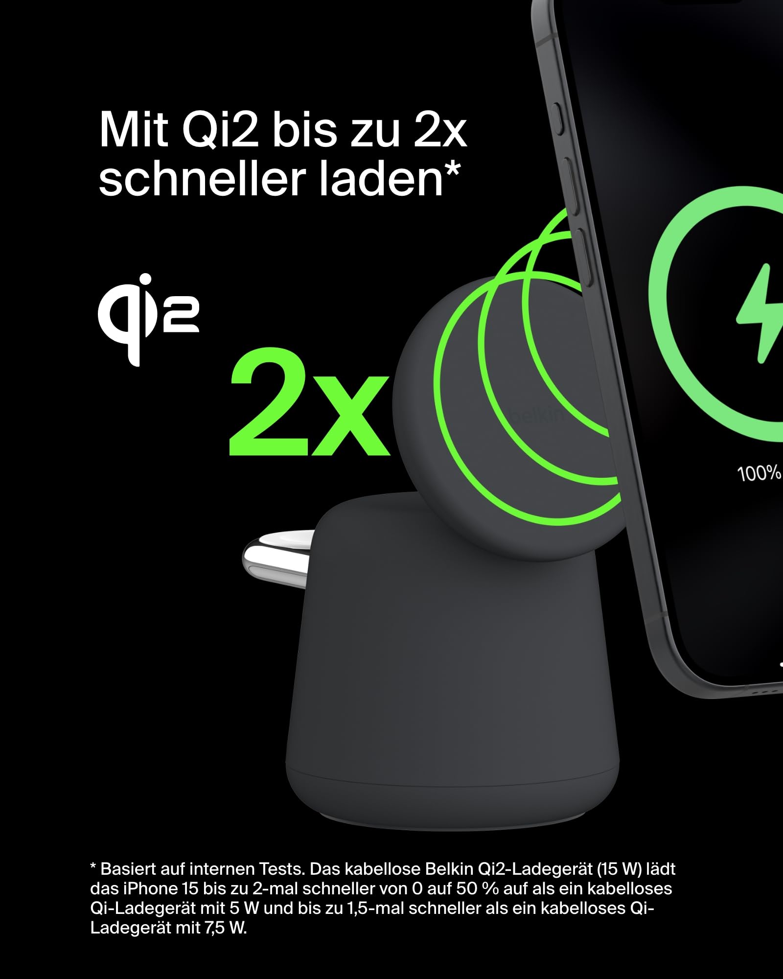 Belkin BoostCharge Pro Kabellose 2-in-1-Ladestation Qi2 15W MagSafe-Kompatibel Ladegerät für iPhone Apple Watch AirPods Schwarz