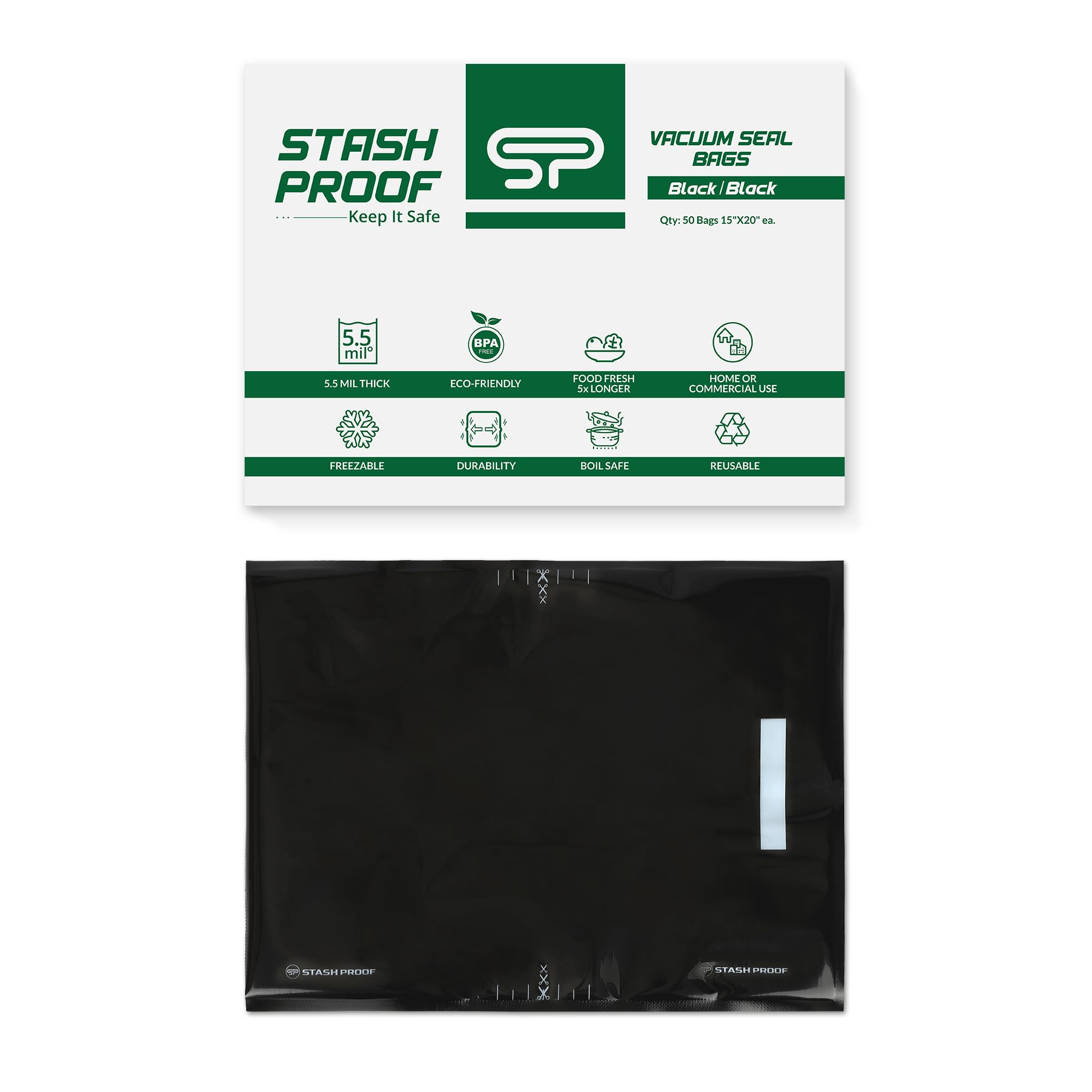 Stash Proof Vacuum Seal Bags 15" x 20" (50 Count) 5.5 Mil (Black and Black) - BPA Free Commerical Grade Food Saver for Storage, Sous Vide, and Meal