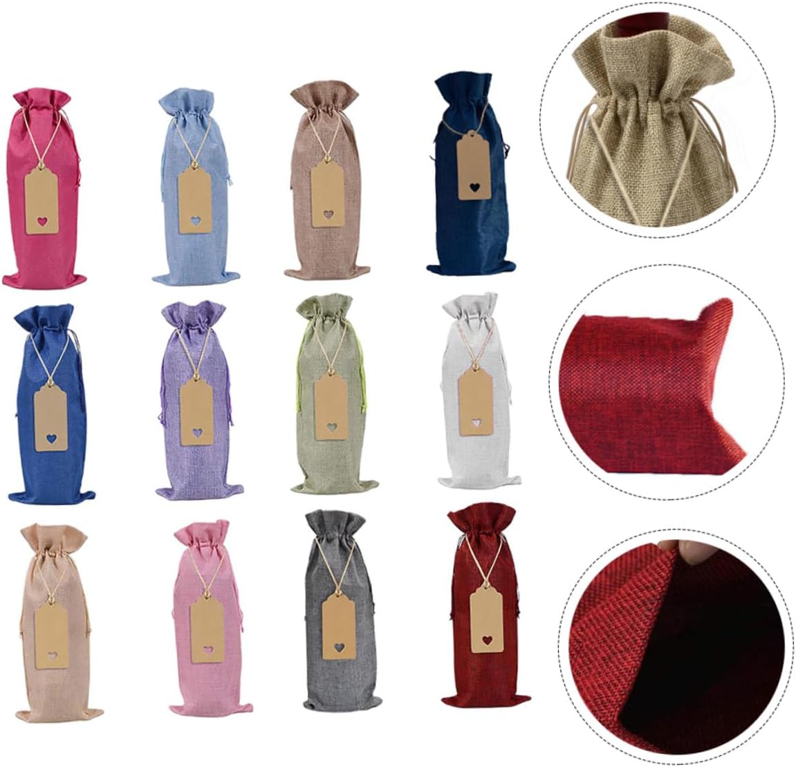 SWETRACE 12pcs Burlap Wine Bag with Kraft Paper Tag Drawstring Red Wine Wrapper Set Linen Bottle Cover for Party Tastings Random Color