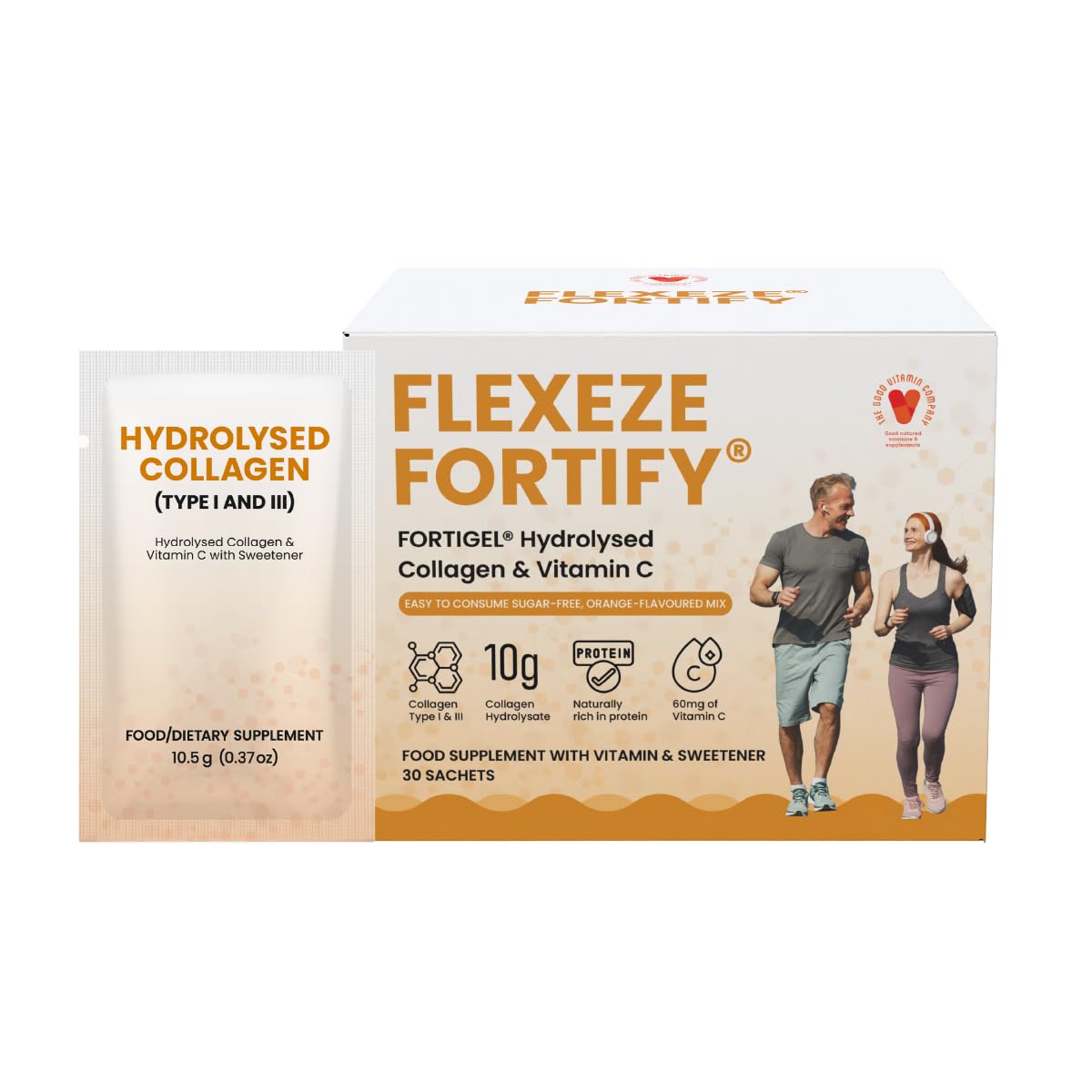 Flexeze Fortify: 30 Sachets - Fortigel Collagen Peptides Types I & III, Vitamin C, Delicious Orange-Flavoured Concentrate with 10,000mg of Premium Hydrolysed for Joints, Hair, Skin, Nails, Muscles