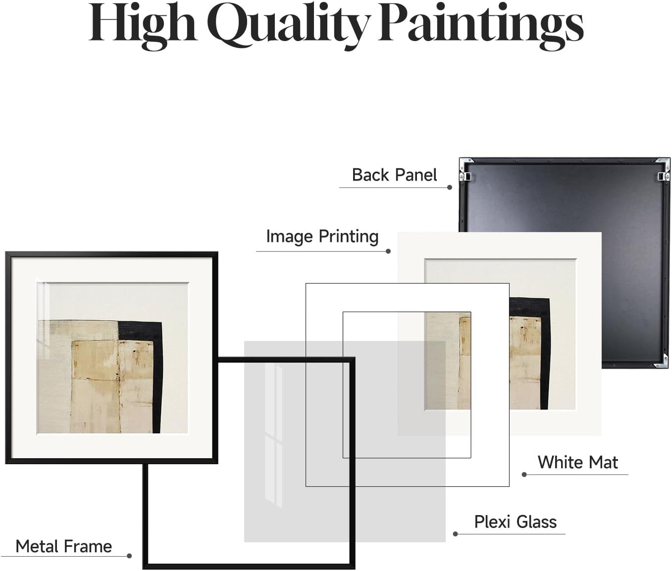 4 Piece Framed Neutral Abstract Wall Art Set, Tan and Black Geometric Modern Pictures Prints, Minimalist Luxury Paintings Artwork for Bedroom, Bathroom, Hallway and Living Room 12x12 Inch