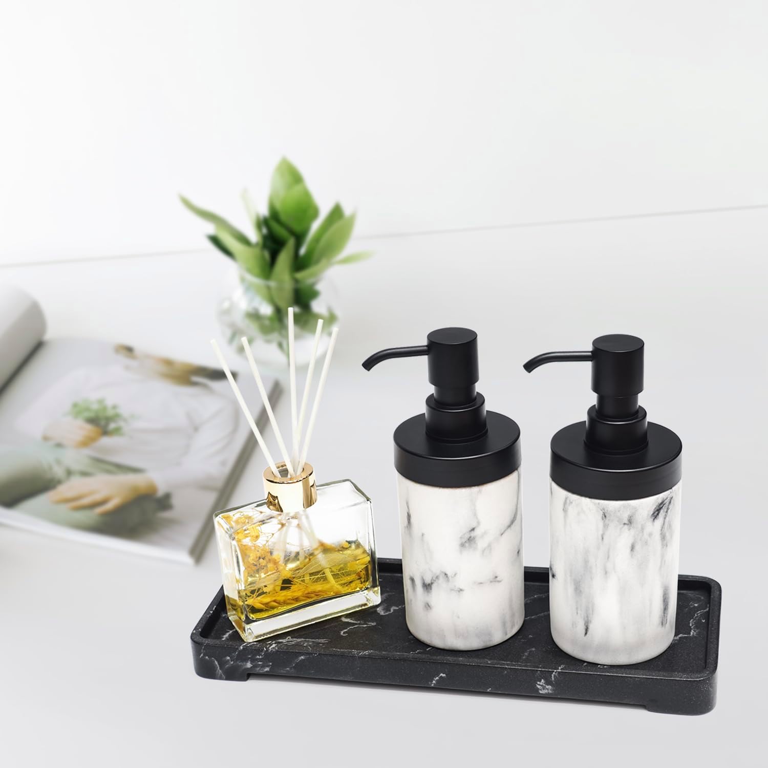 Soap Dispenser White Marble Style, Easily Refillable Liquid Hand Soap or Lotion Dispenser for Bathroom or Kitchen Decor, Sturdy Resin, Round Dish Soap Bottle with Matte Black Pump-11oz