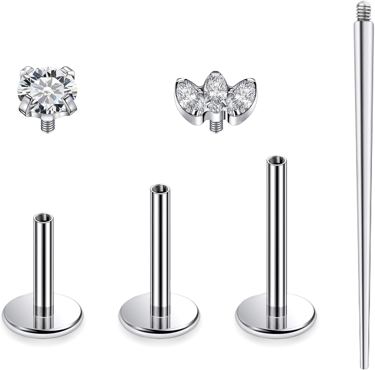 Ruifan Titanium Flat Back Lip Rings Internally Threaded Earrings Studs Nose Rings 16G Opal CZ Tragus Cartilage Lobe Rook Helix Conch Labret Medusa Piercing Jewelry for Women Men W Piercing Taper Set