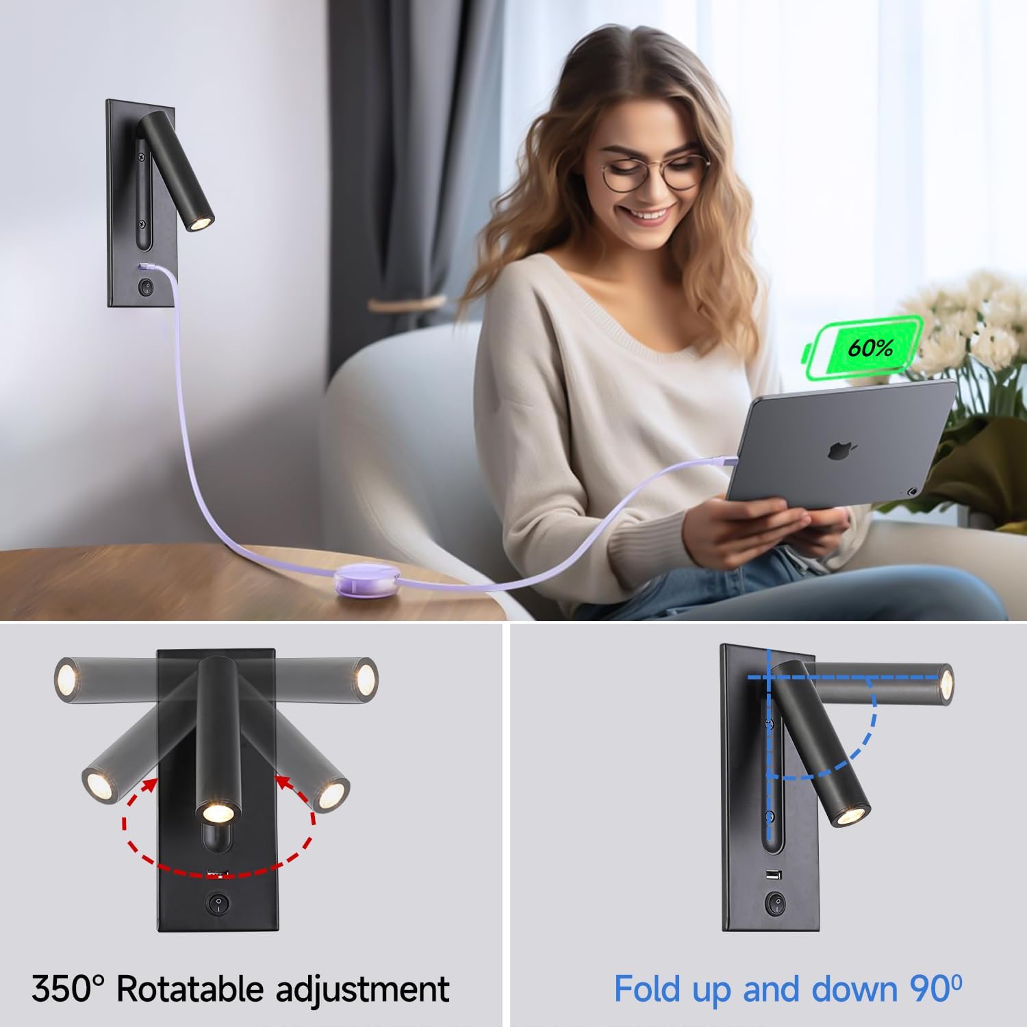 Recessed Wall Lamps Bedside Reading Light, LED Bedroom Lamp Headboard Wall Light Sconce with USB Charger, Hotel Bed Side Decorative Wall Sconces Spotlight, Warm Light, Recessed Mounting, Black