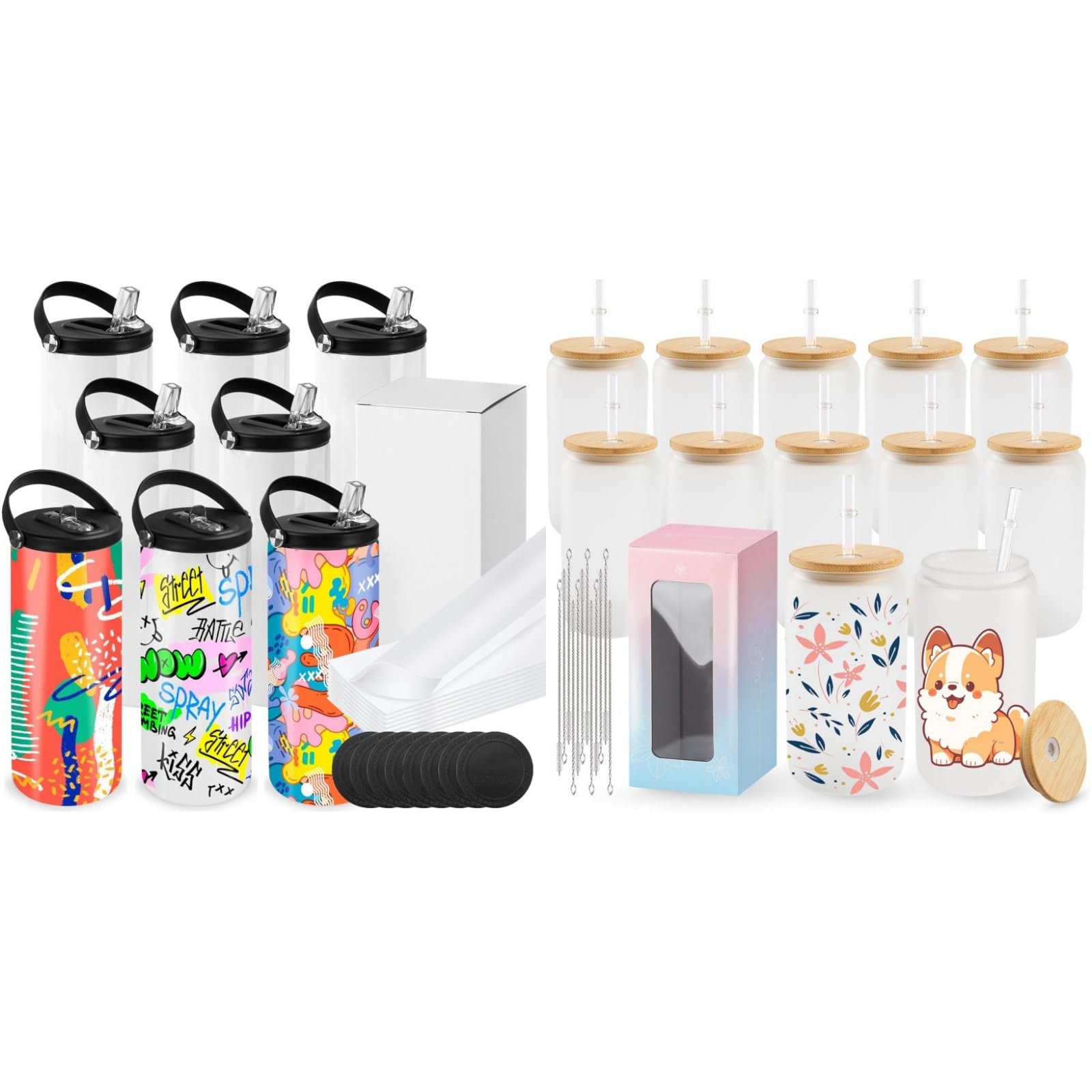 Joyclub Bundle of 8 Pack Sublimation Water Bottle and 12 Pack 16oz Sublimation Frosted Glass Cups with Lids and Straws