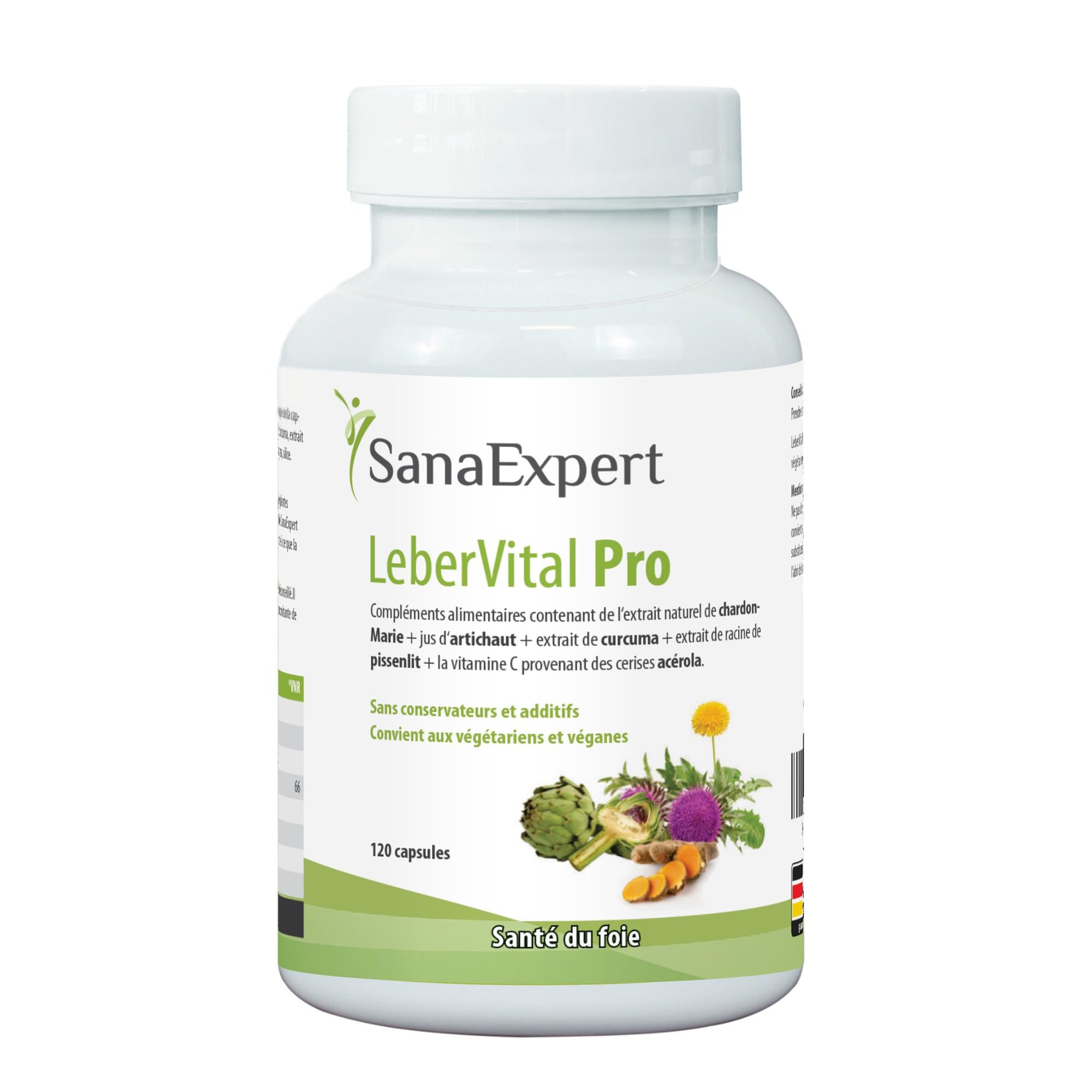SanaExpert LeberVital Pro | Chardon-Marie titré à 70% de silymarine, Curcuma, Artichaut, Pissenlit & Vitamine C (acérola) | 120 gélules vegan, sans gluten ni lactose | Fabriqué en Allemagne